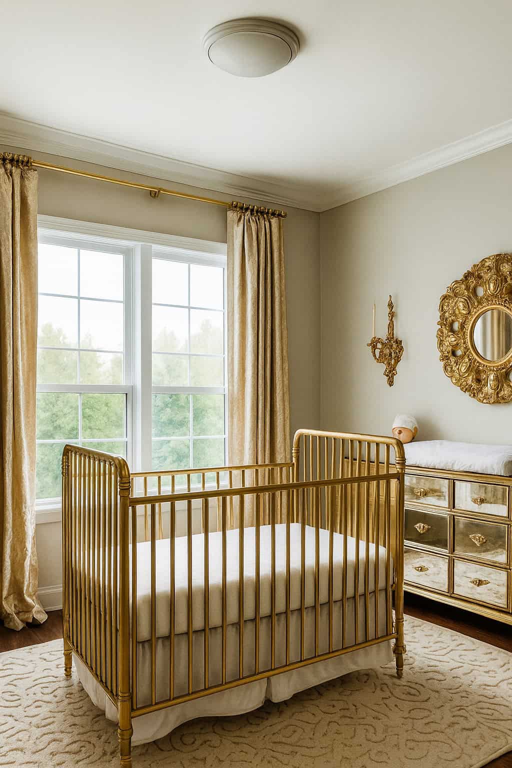 A nursery room with a gold crib, gold-accented dresser, changing pad, decorative mirror, and large window with beige curtains.