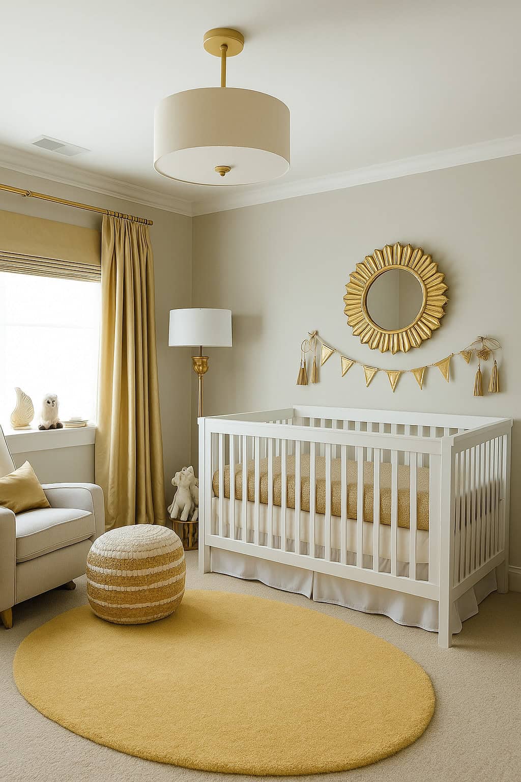 A neutral-toned nursery with a white crib, yellow bedding, a sunburst mirror, a hanging pennant, beige armchair, round ottoman, and yellow rug on a light floor.