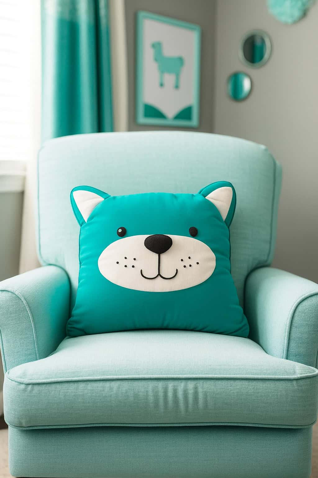 A teal armchair with a teal and white cat face pillow sits in a room with teal and white decor, including framed art and round mirrors on the wall.