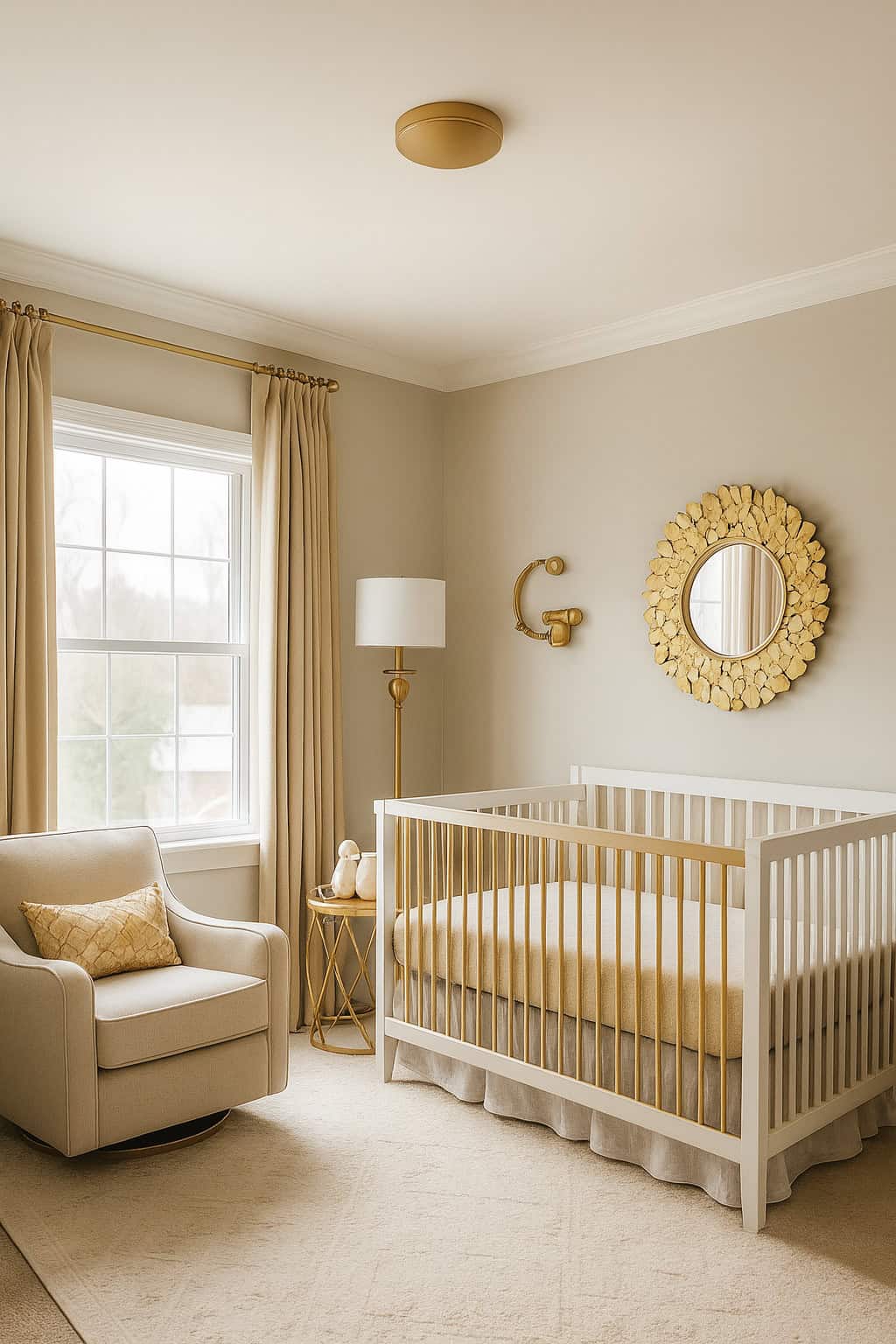 A beige and gold-themed nursery with a white crib, armchair, floor lamp, round mirror, and window with beige curtains.