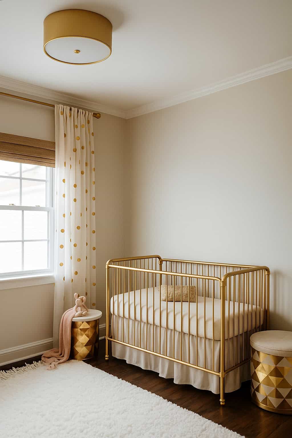 A minimalist nursery with a gold crib, two gold side tables, a white rug, polka dot curtains, and a window letting in natural light.