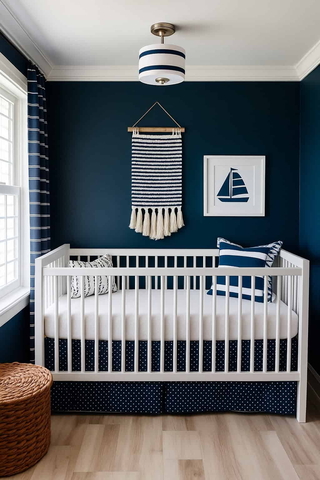 A white crib with nautical-themed bedding and pillows stands against a dark blue wall, decorated with striped wall art and a wicker basket on a light wood floor.