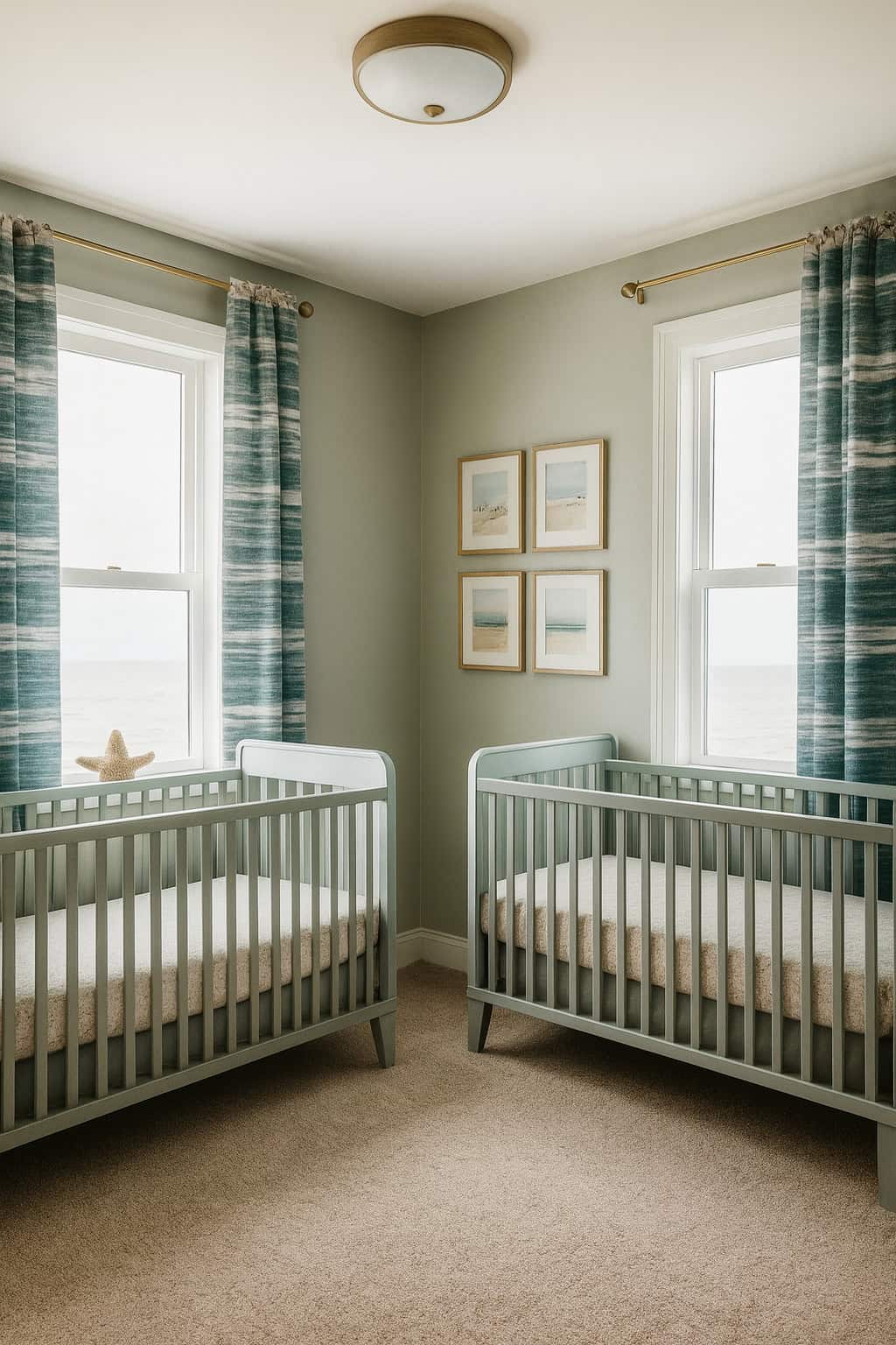 A nursery room with two light green cribs, blue-striped curtains on two windows, beige carpet, and four framed pictures on the wall between the windows.