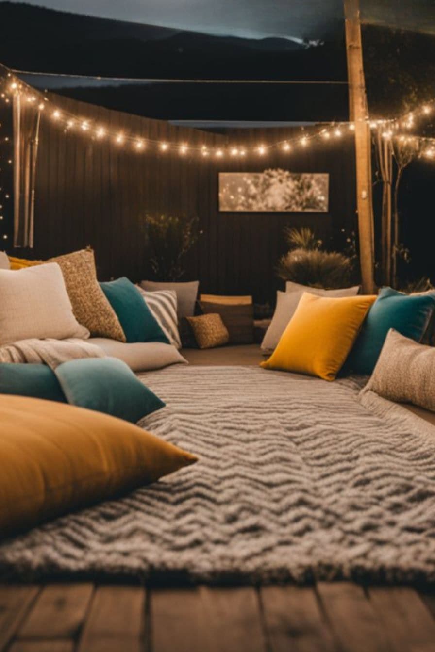 Outdoor seating area with various pillows and a large rug, illuminated by string lights.