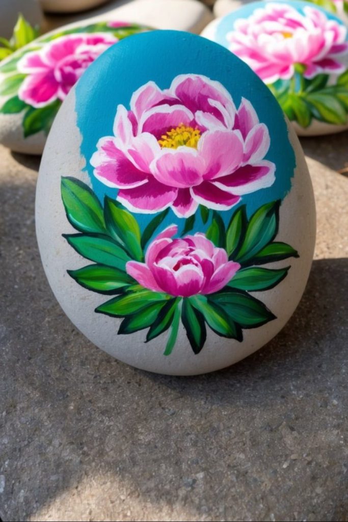 Smooth stone painted with pink peonies and green leaves on a blue background, surrounded by similar stones on a textured surface.