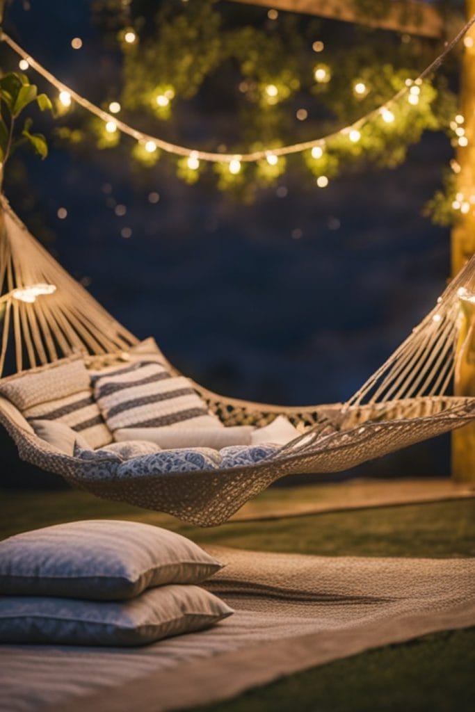 A cozy hammock with pillows under string lights at night, surrounded by greenery.