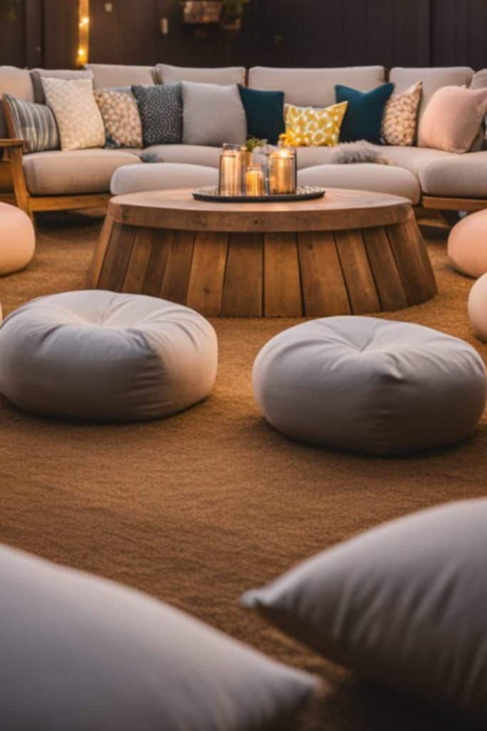 A cozy outdoor seating area with a round wooden table, surrounded by cushions and a low sofa. Candles are placed on the table, and pillows are arranged on the sofa.