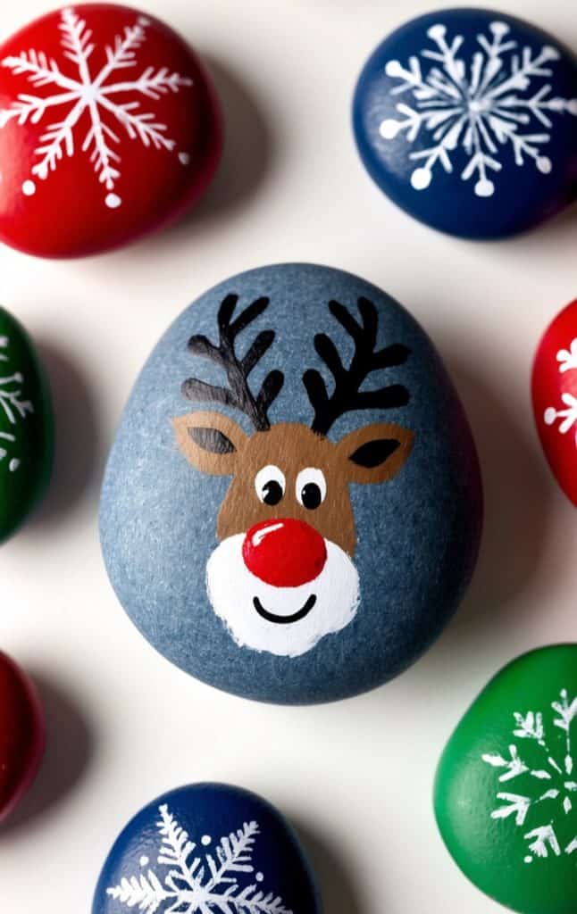 A painted rock features a reindeer face with a red nose, surrounded by red, green, and blue rocks decorated with white snowflake designs.