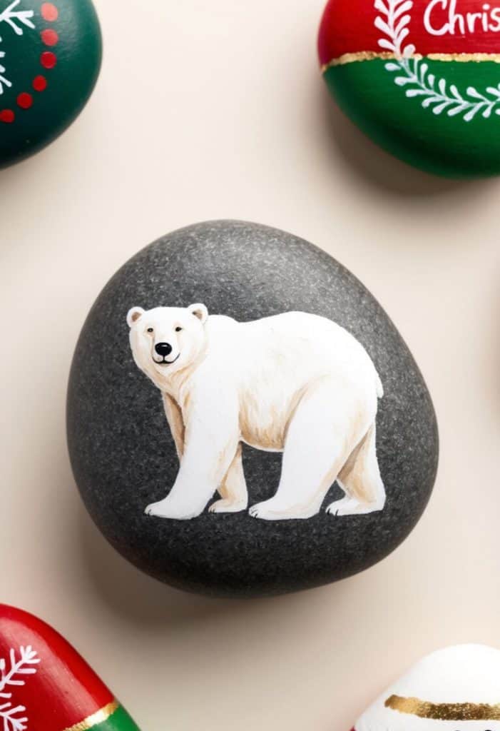 A smooth black stone with a painted white polar bear is surrounded by other decorated stones with festive patterns and colors.