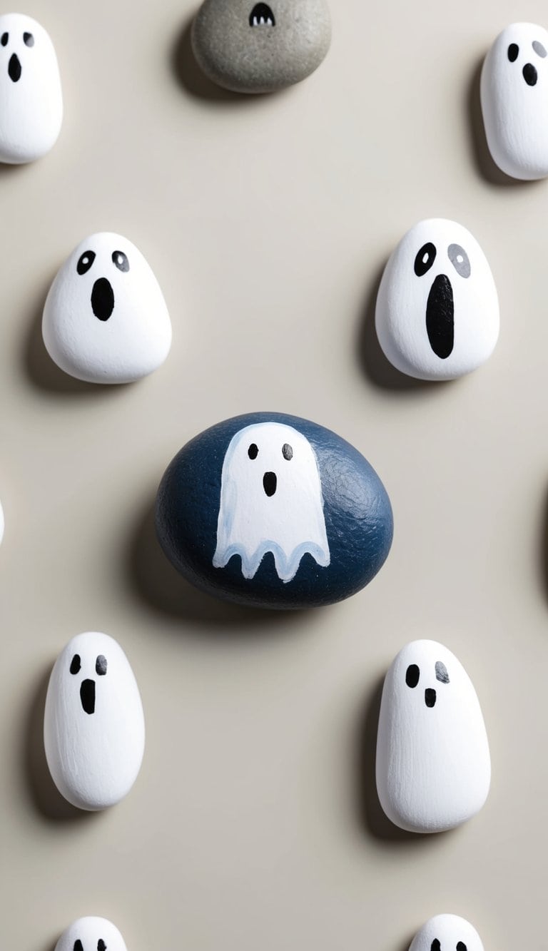 Several small ghostly figures painted on rocks, some with smiling faces, others with spooky expressions