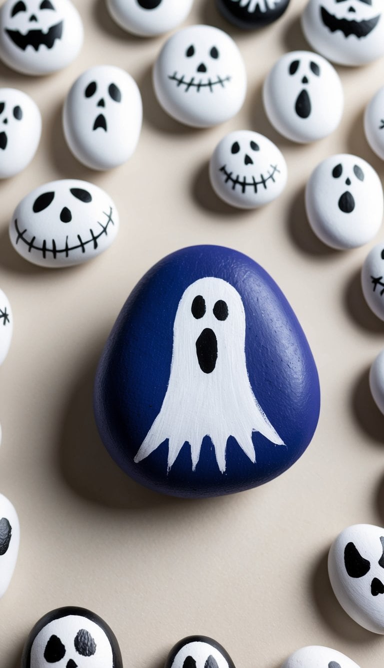 A collection of 50 ghostly painted rocks arranged in a spooky and playful display