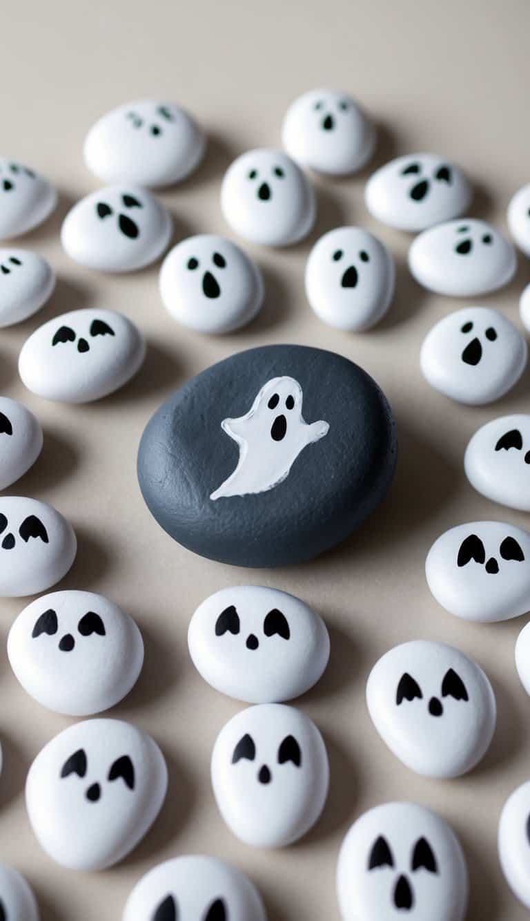 A collection of 50 ghost-painted rocks arranged in a spooky display