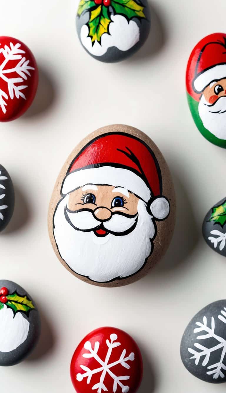 Santa painted rocks arranged in a festive display with snowflakes and holly