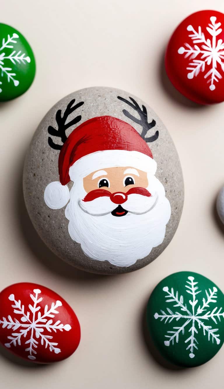 Santa with reindeer ears surrounded by festive painted rocks