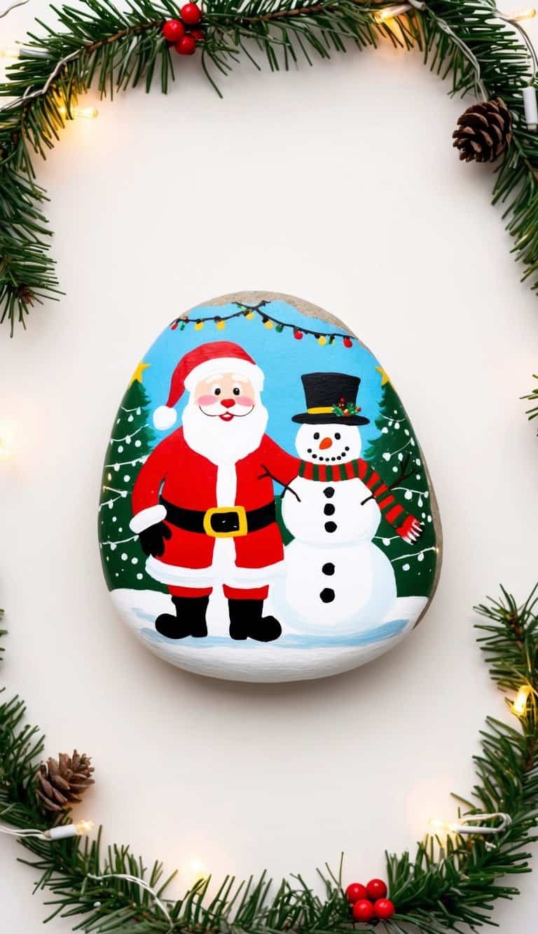 A jolly Santa and snowman duo stand together in a snowy landscape, surrounded by festive decorations and twinkling lights