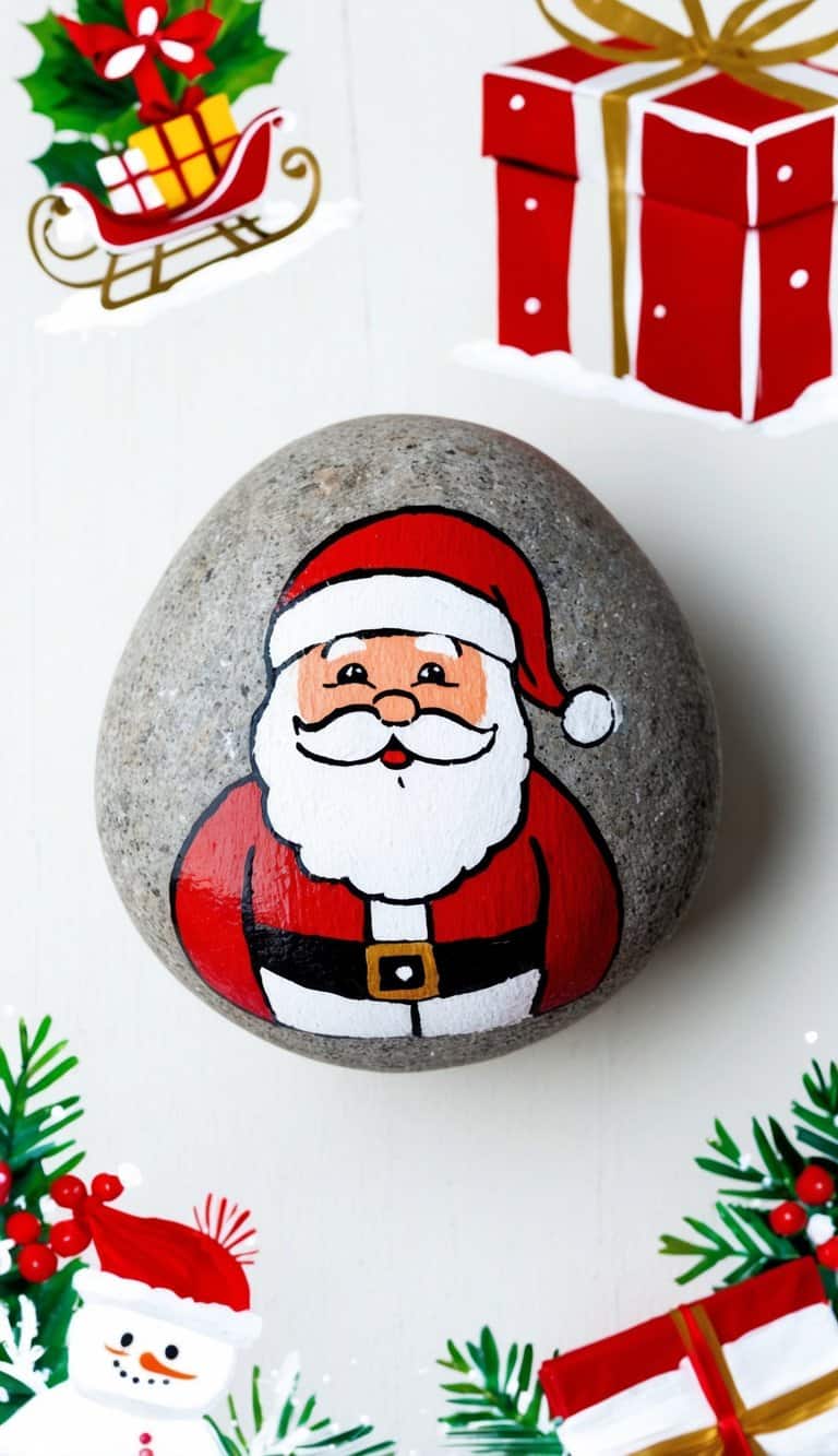 Santa with a twinkle in his eye, surrounded by festive holiday elements like a sleigh, presents, and a snowy backdrop