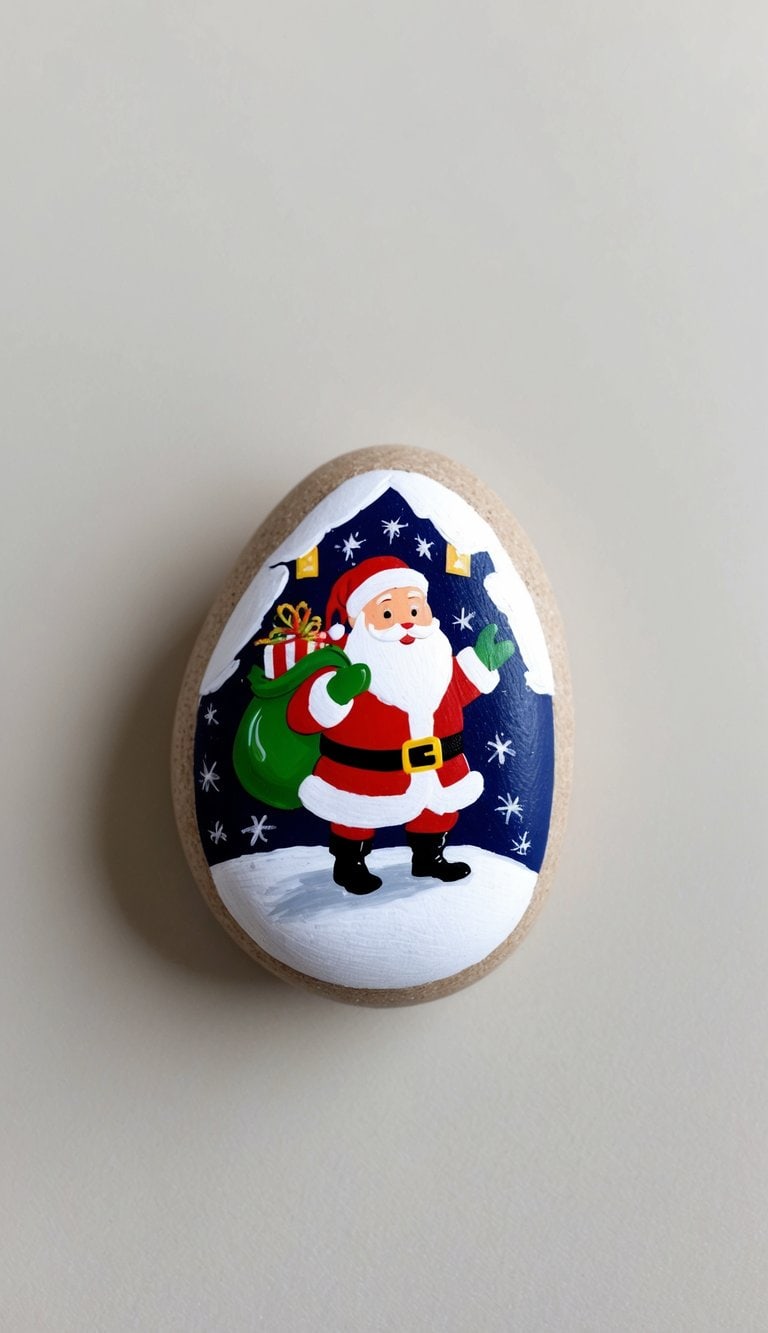 Santa emerges from the chimney with a sack of gifts, surrounded by snowy rooftops and twinkling stars