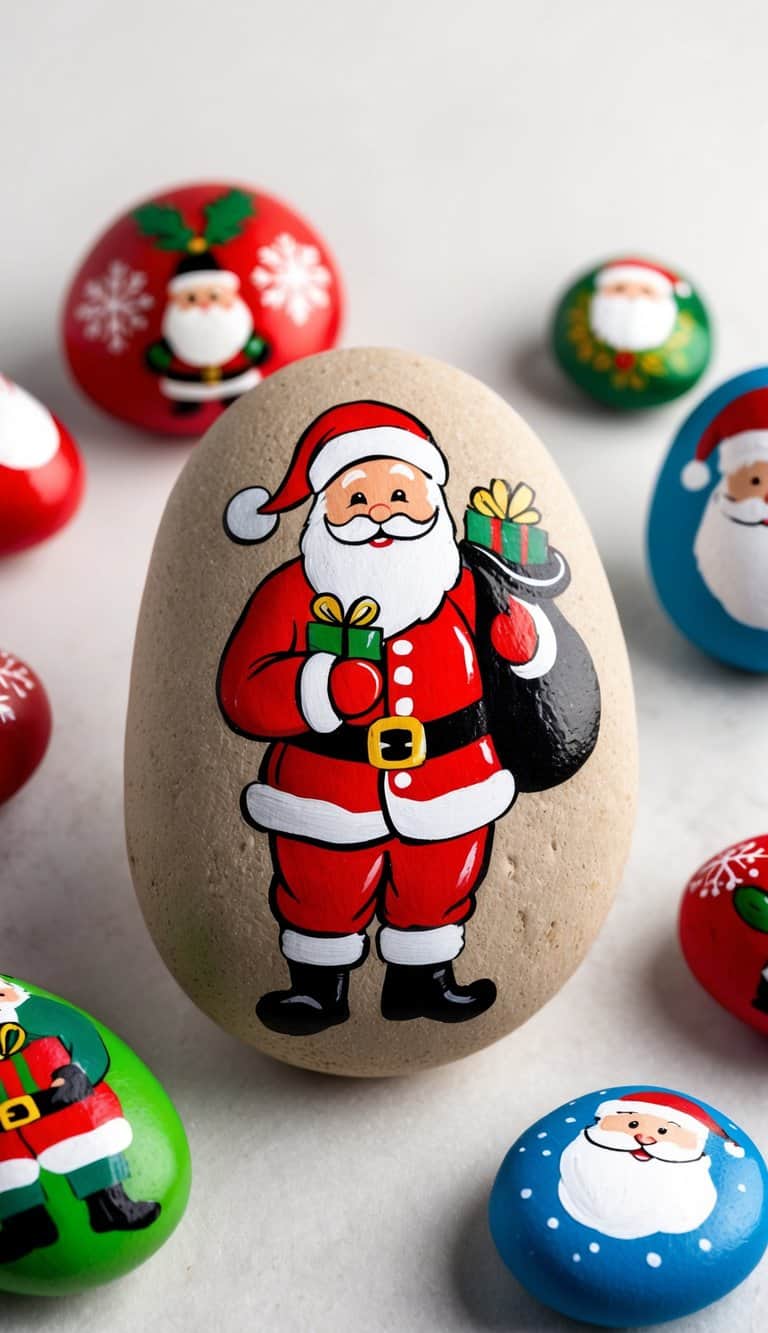 Santa in red pajamas holding a sack of gifts, surrounded by festive painted rocks featuring his iconic image