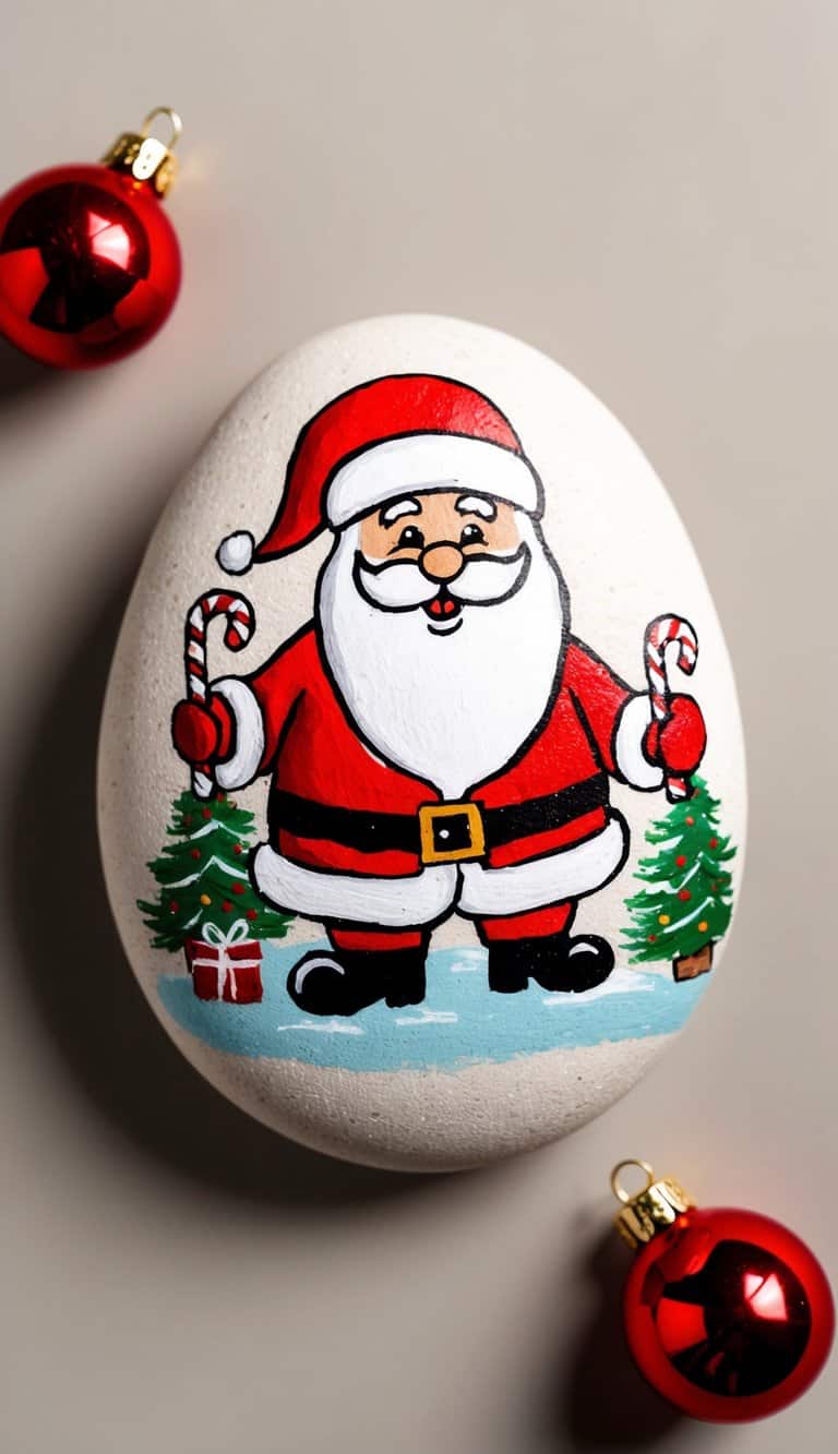 Santa holding a candy cane surrounded by festive holiday decorations