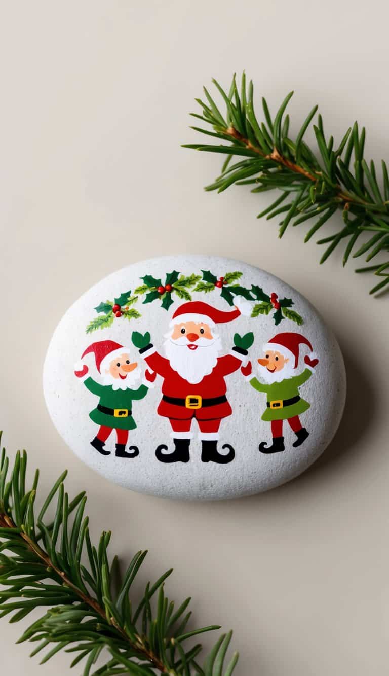 Santa and his merry elves painting festive scenes on rocks for holiday cheer