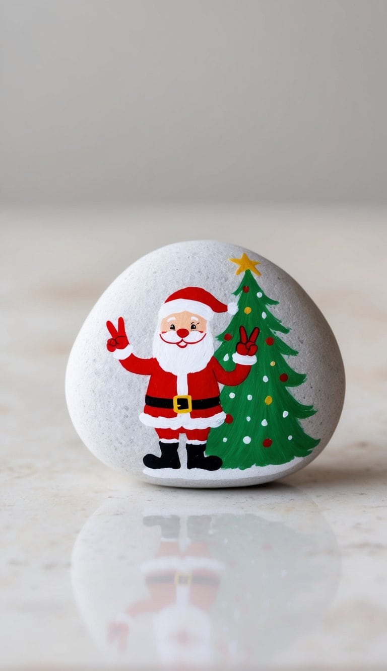 Santa stands next to a Christmas tree, smiling and giving a peace sign with his fingers