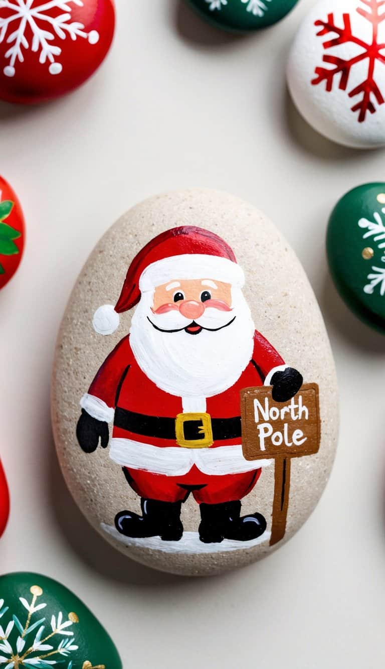 Santa holding a North Pole sign, surrounded by festive painted rocks