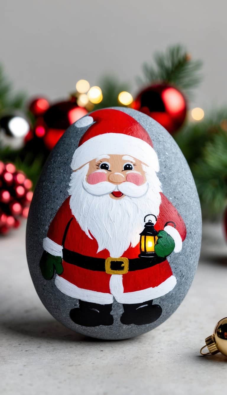 A gnome Santa holding a little lantern, surrounded by festive holiday decorations