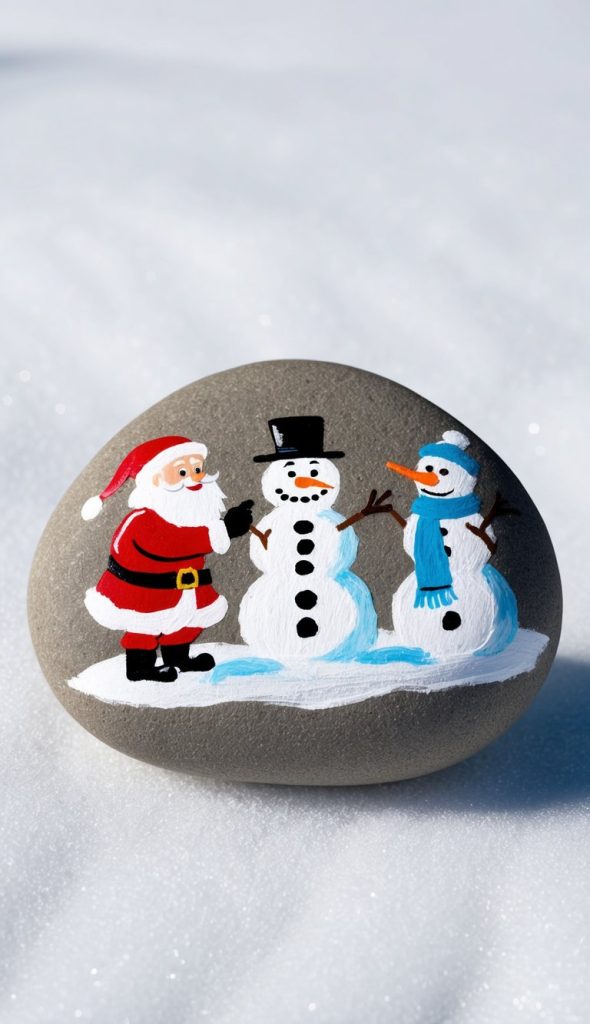 A stone painted with images of Santa Claus and two snowmen, set on snow.