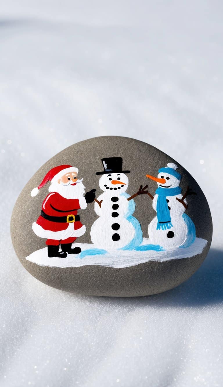 A stone painted with images of Santa Claus and two snowmen, set on snow.