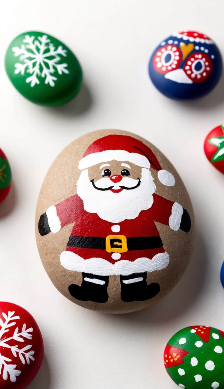 Santa in a gingerbread costume surrounded by festive painted rocks
