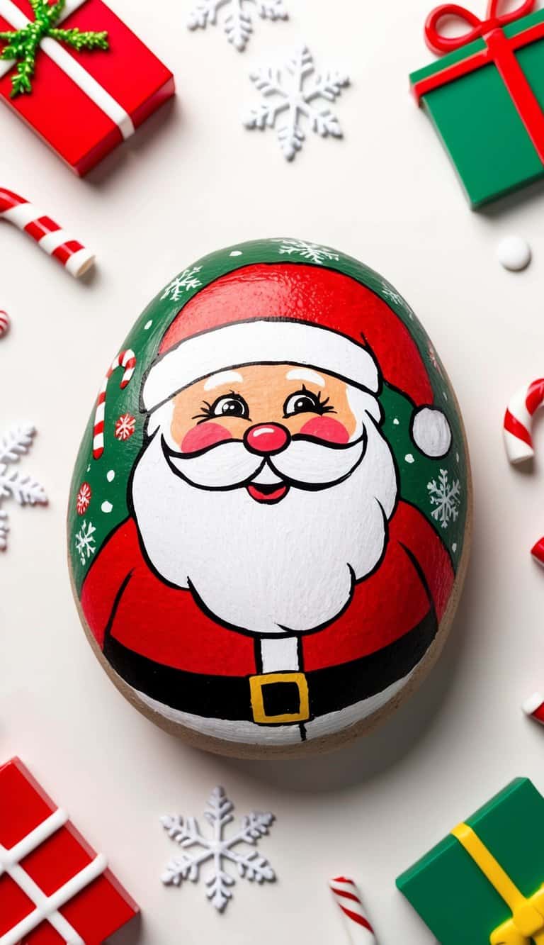 A jolly Folk Art Santa with a big smile, surrounded by festive holiday elements like candy canes, presents, and snowflakes