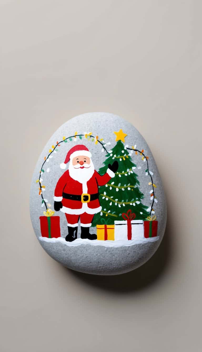 Santa standing next to a festive tree, surrounded by presents and twinkling lights