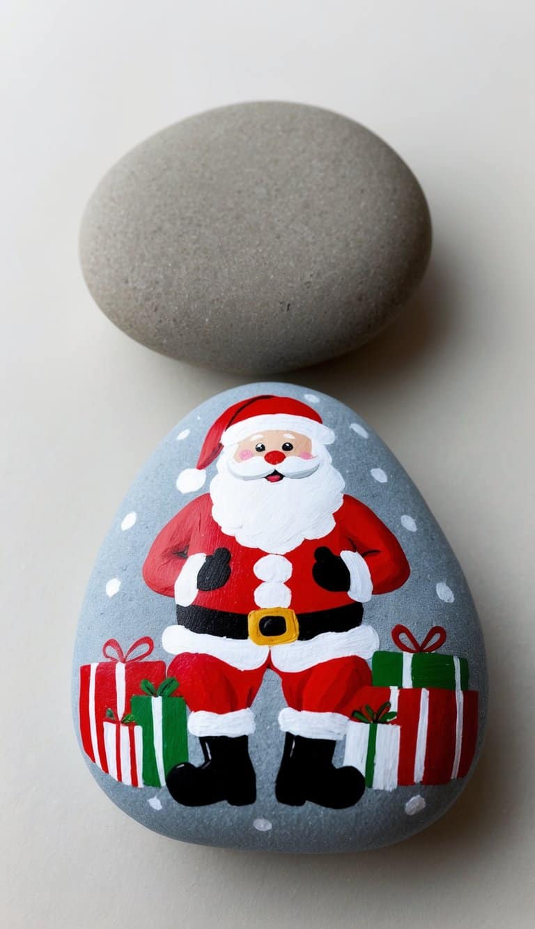 Santa sits surrounded by presents, his jolly figure adorned with a red suit and white beard. A festive scene of holiday cheer