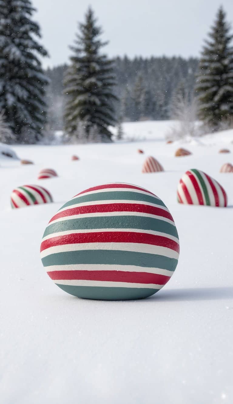 A snow-covered landscape with candy cane striped rocks scattered among pine trees and snowflakes
