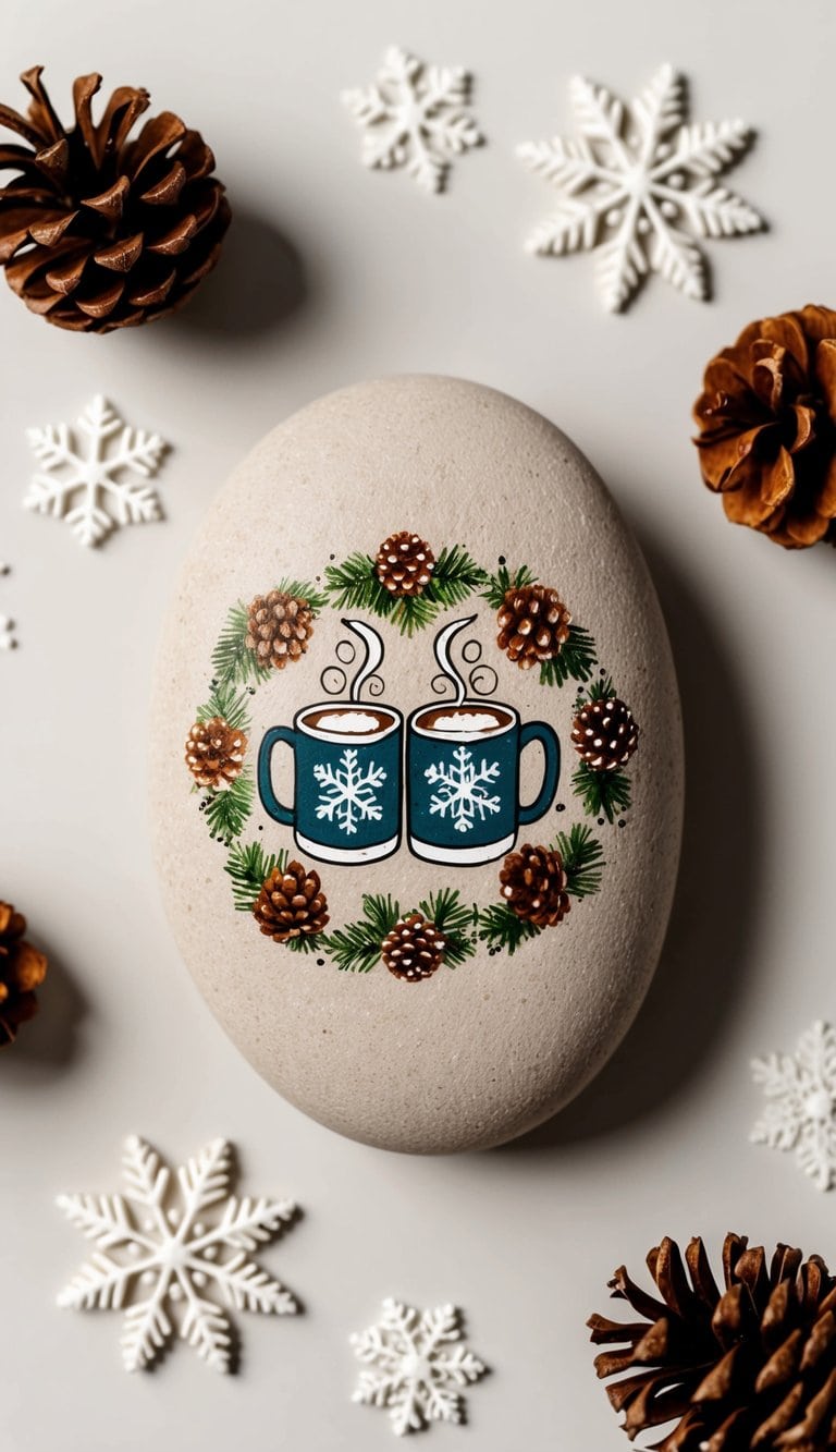 Two mugs of hot cocoa surrounded by snowflakes, pinecones, and a cozy scarf