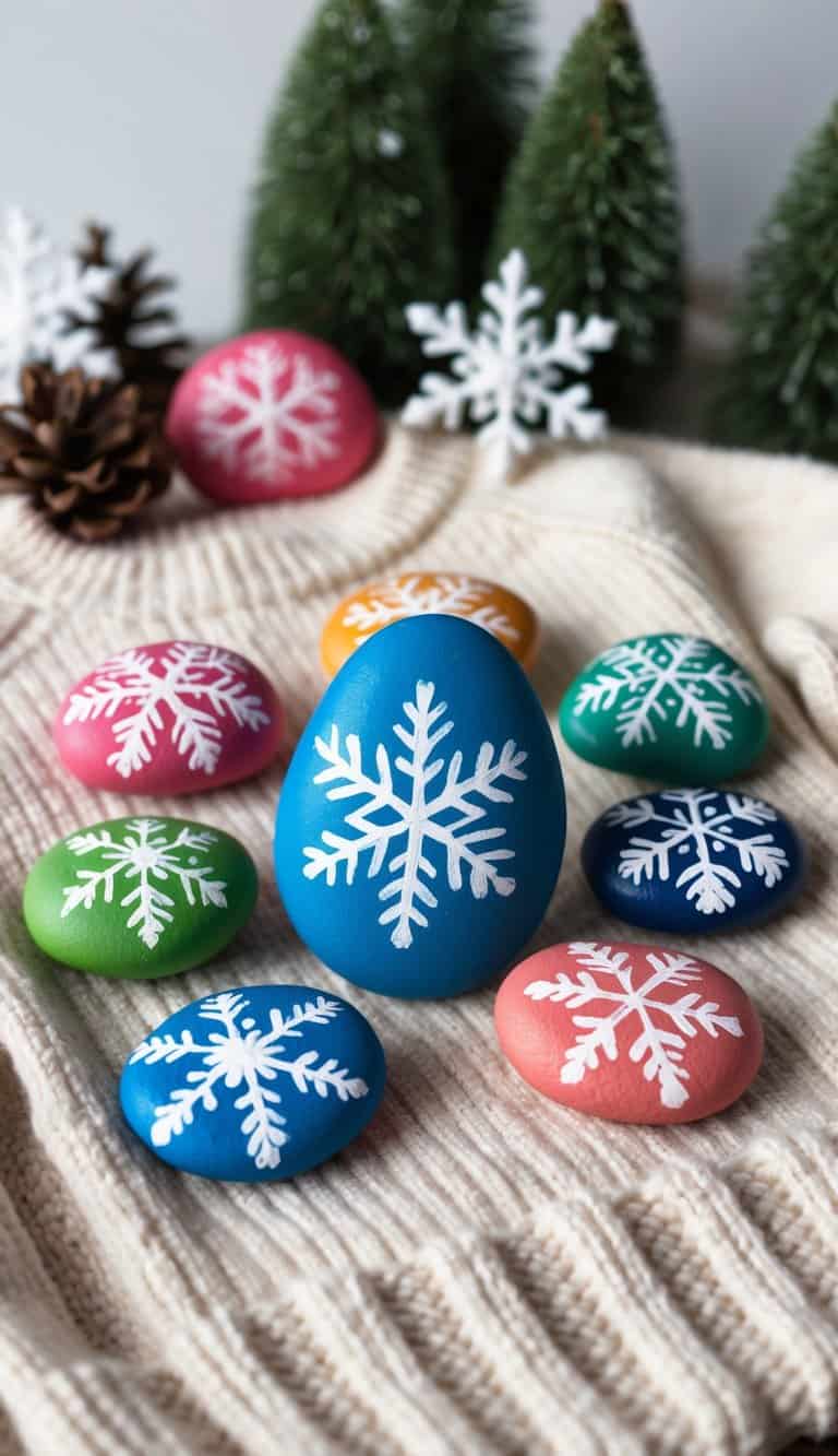 A group of colorful winter-themed painted rocks arranged on a cozy sweater with snowflakes and pine trees in the background