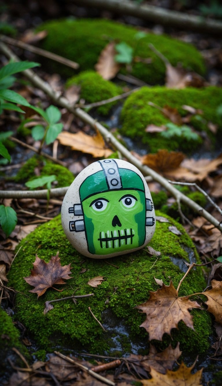 A green and bolted Frankenstein rock sits on a mossy forest floor, surrounded by fallen leaves and twigs
