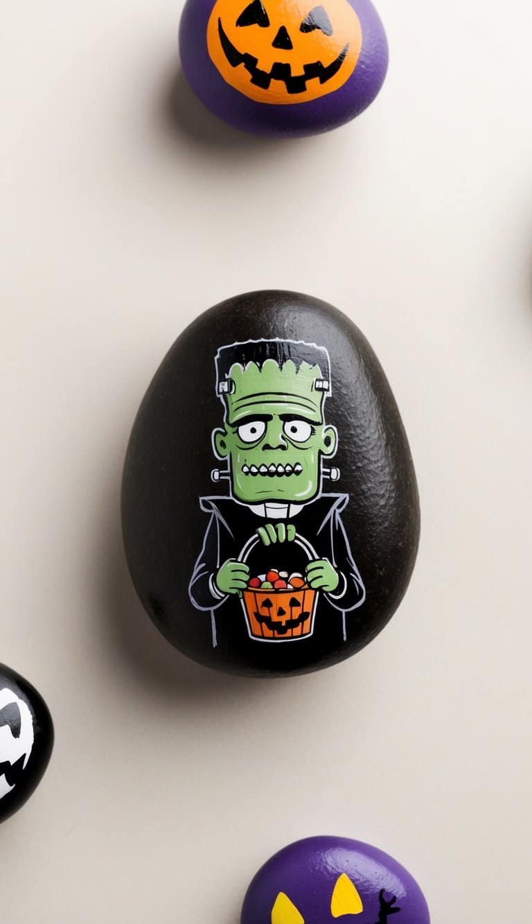 A Frankenstein holds a candy bucket, surrounded by spooky painted rocks