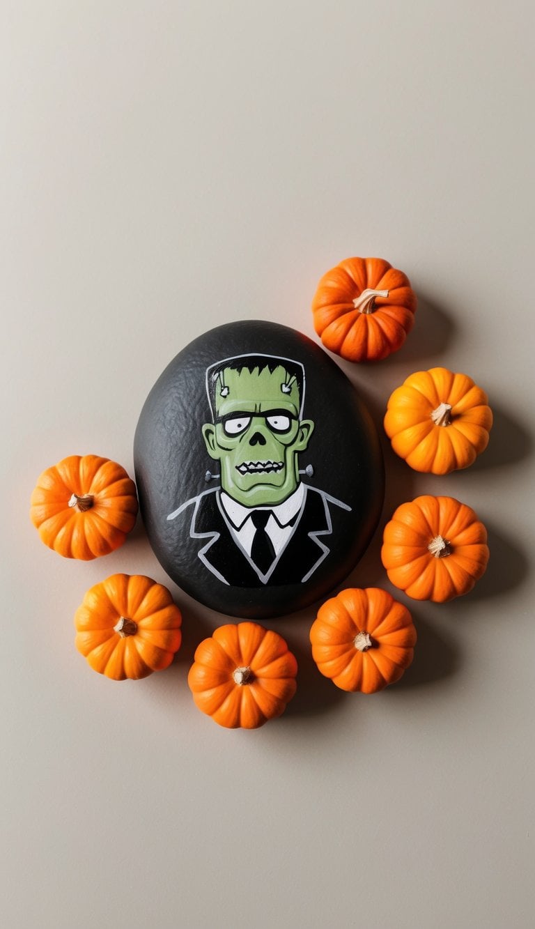 Miniature pumpkins surround a Frankenstein painted rock