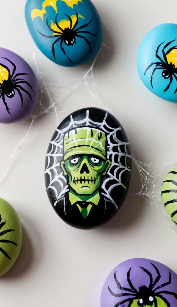 A painted stone features a green Frankenstein’s monster with a web background, surrounded by colorful stones with spider designs.