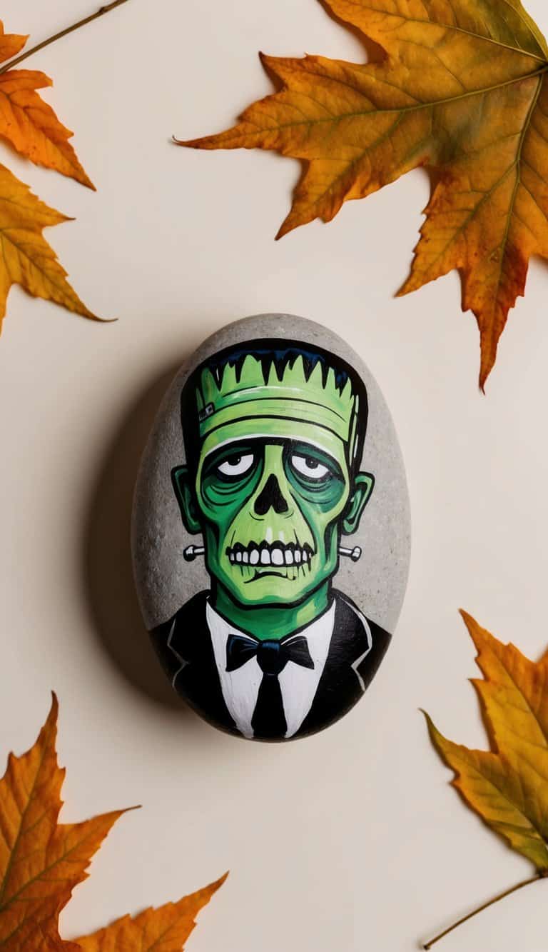 Autumn leaves surround a Frankenstein painted rock