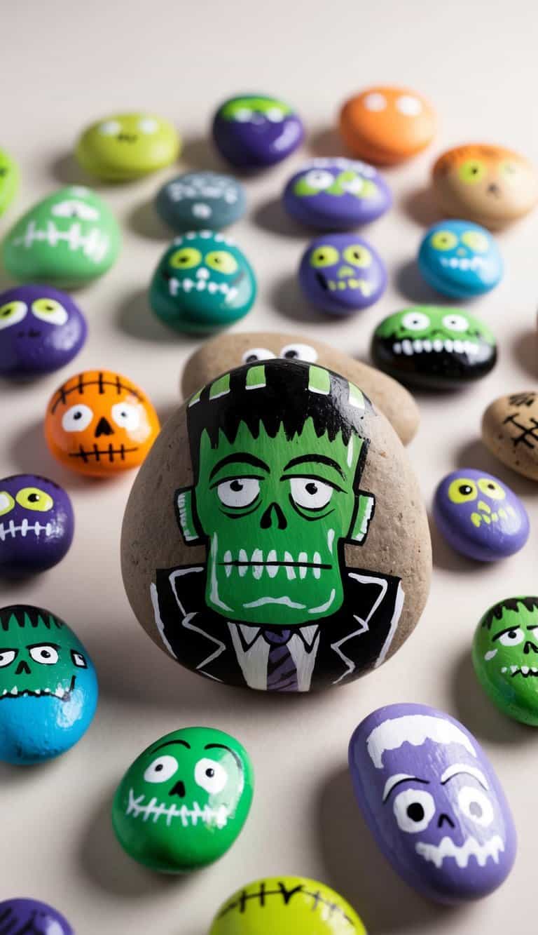 A collection of 50 Frankenstein painted rocks arranged in a whimsical storybook setting, with spooky and playful designs