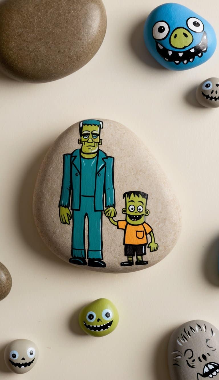A towering Frankenstein stands beside a smaller, friendly monster, surrounded by eerie painted rocks
