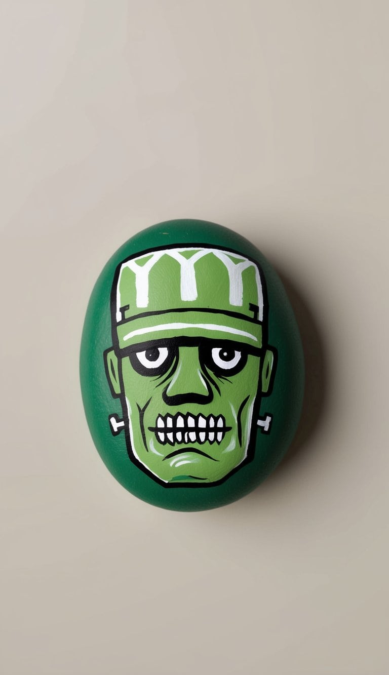 A green rock with geometric patterns, depicting a spooky Frankenstein face