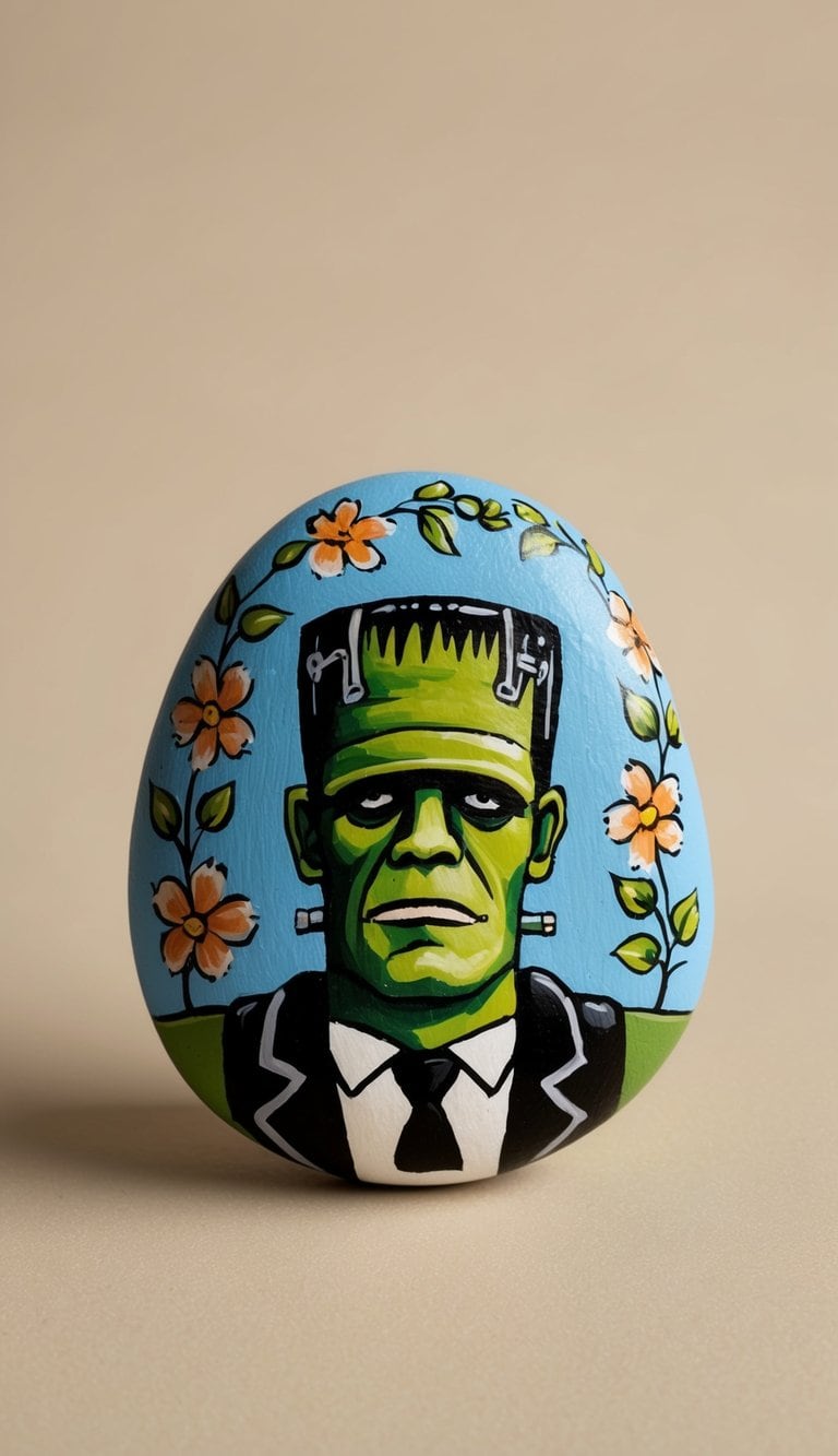 Vines and flowers grow over Frankenstein's head and shoulders