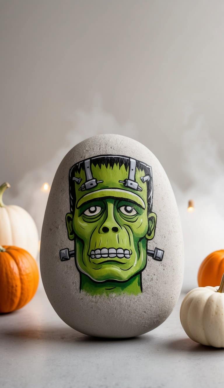 A two-faced Frankenstein rock with green skin and bolts, surrounded by eerie fog and glowing pumpkins