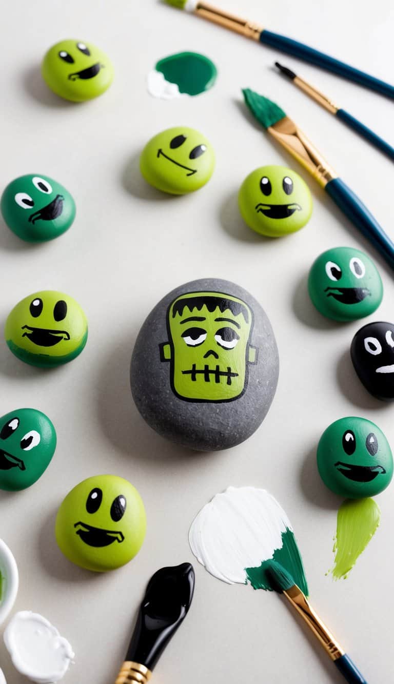 Small rocks painted with Frankenstein emojis scattered on a table, surrounded by paintbrushes and a palette of green, black, and white paint