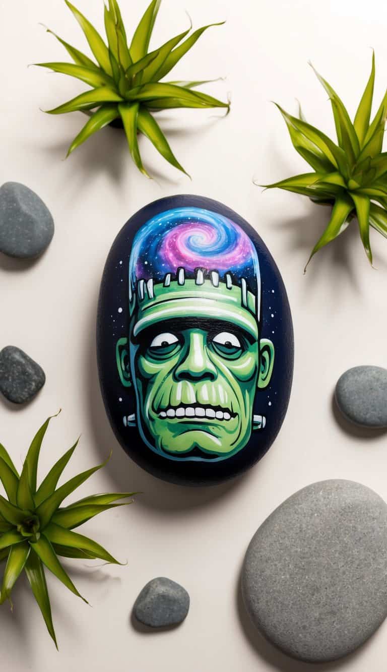 A giant Frankenstein head with a swirling galaxy inside, surrounded by floating rocks and eerie glowing plants