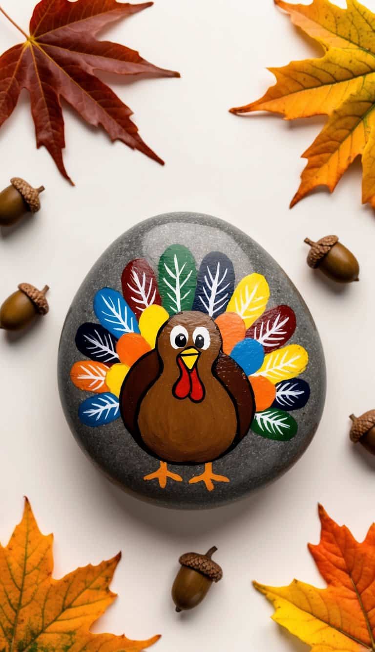 A turkey-shaped rock with colorful feathers, surrounded by autumn leaves and acorns