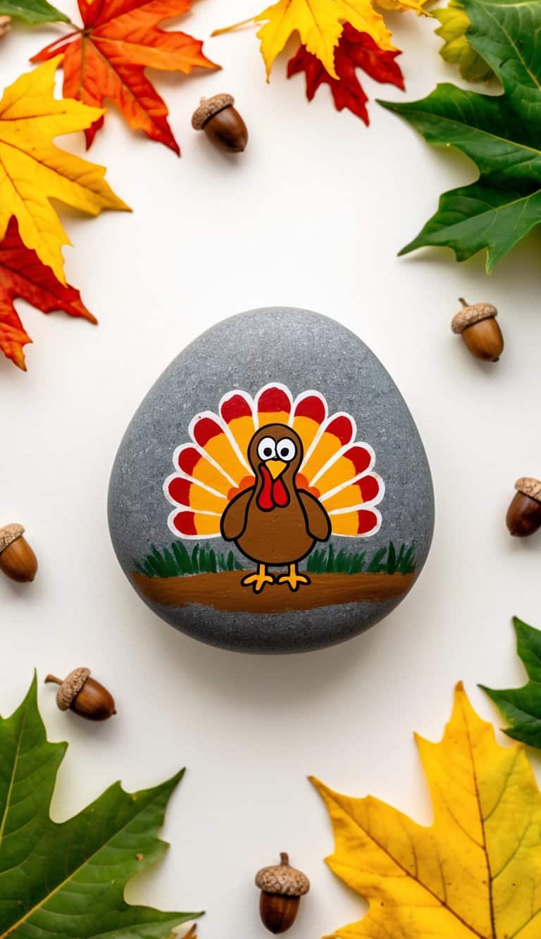 A smooth rock with a cartoon turkey painted on it, surrounded by fall foliage and acorns